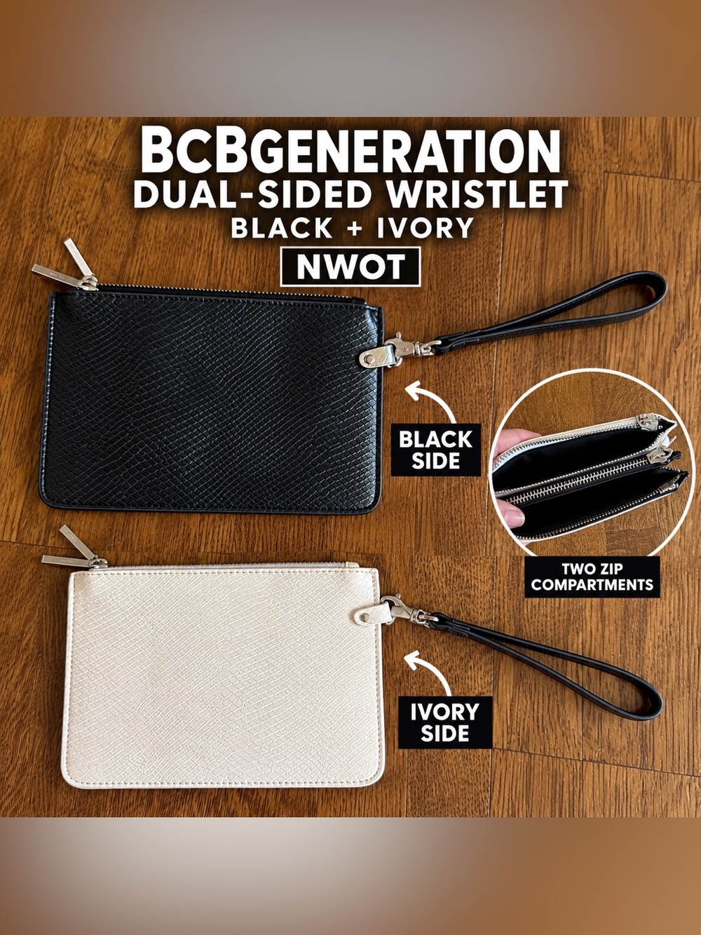 NWOT. BCBGeneration Black Ivory Snakeskin Double Sided Wristlet Clutch